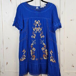 Brass & Roe Embroidered Boho Tunic Dress Blue Floral Size L